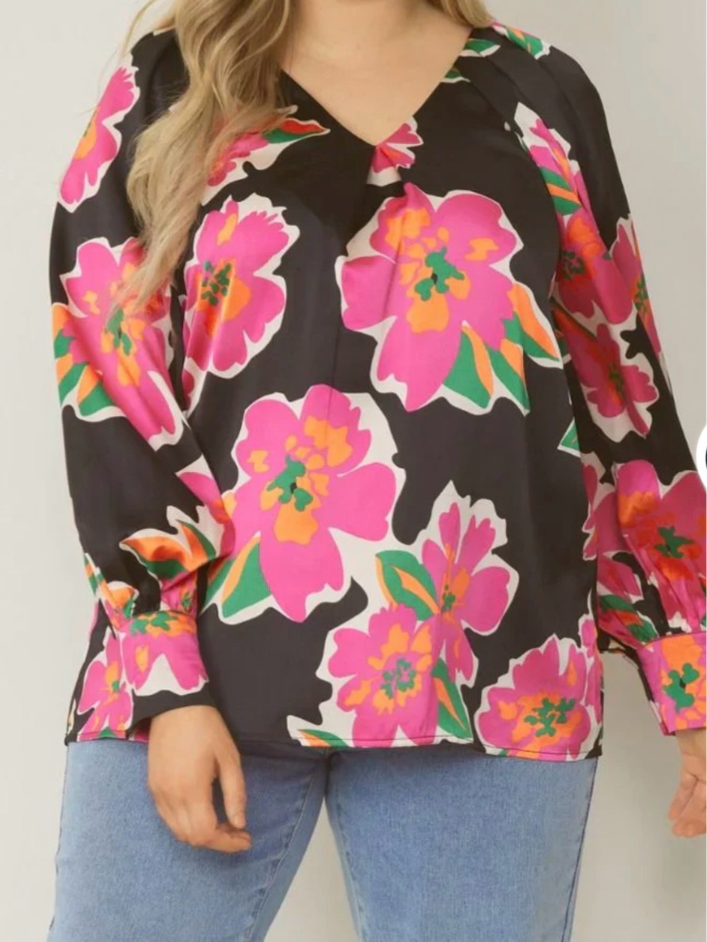 Entro satin blouse black w/ vibrant pink and green floral accents, size 1X